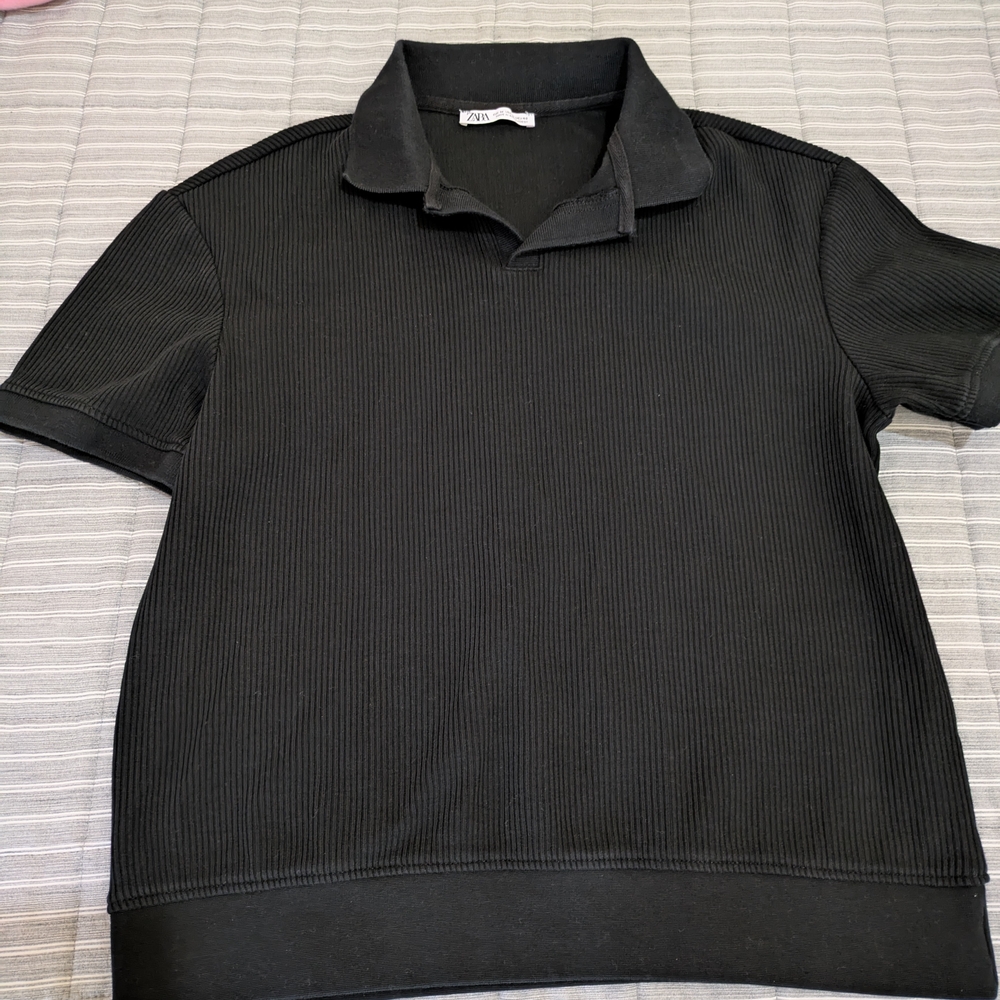 Zara Women's Ribbed Black Polo Shirt